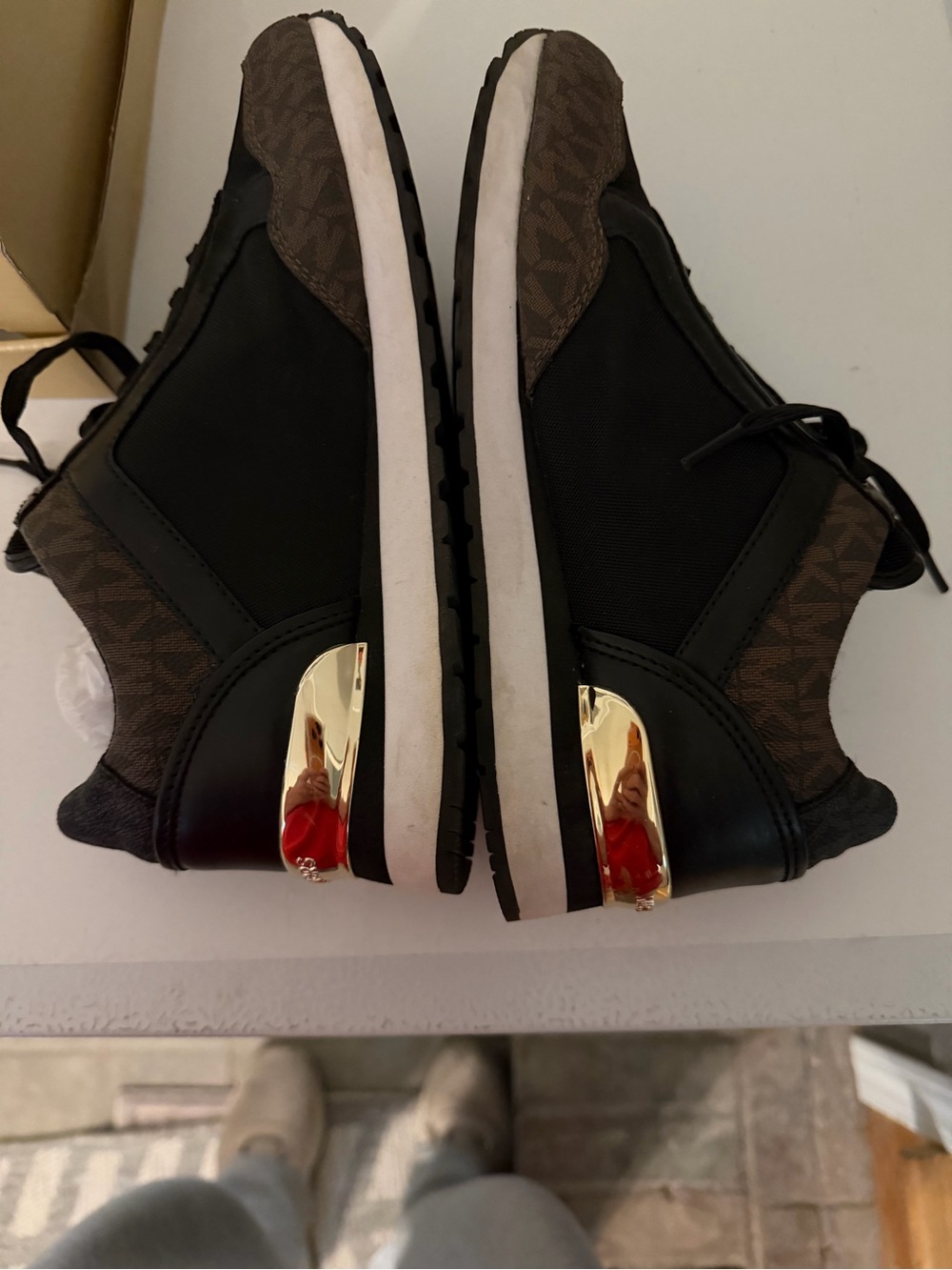Michael Kors Maddy Trainer MK Signature Sneakers Brown Black Gold Size 7.5